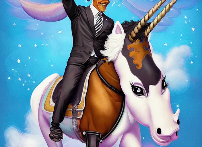 Image similar to obama riding an unicorn, pixar style, by tristan eaton stanley artgerm and tom bagshaw.