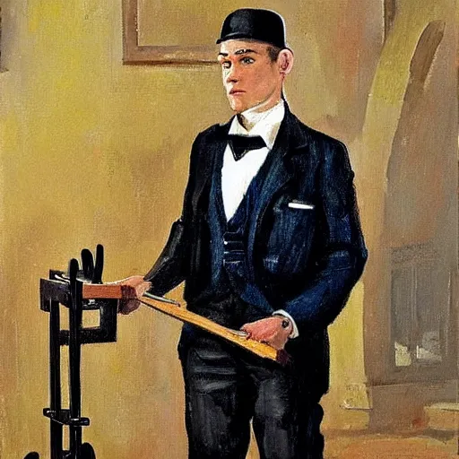 Image similar to clean shaven mcgregor is dressed as a gentleman at early 2 0 th century paris. he is watching an easel. that easel has a canvas on it. ewan mcgregor has a brush on his hand. he is painting a painting. there is a small brown cat with yellow eyes on ewan mcgregors feet, by h. r. giger