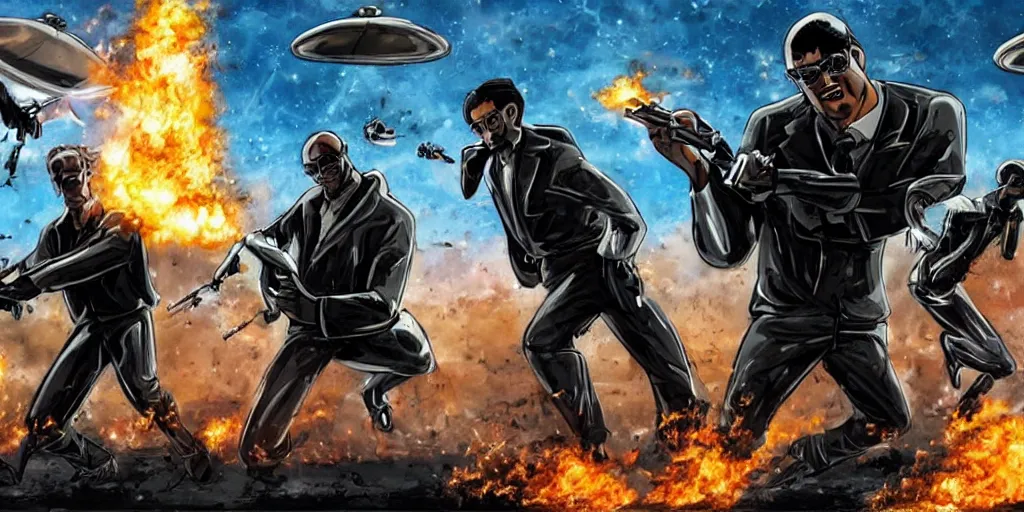 Prompt: an epic battle scene of the Men in Black fighting aliens in the style of Pixar