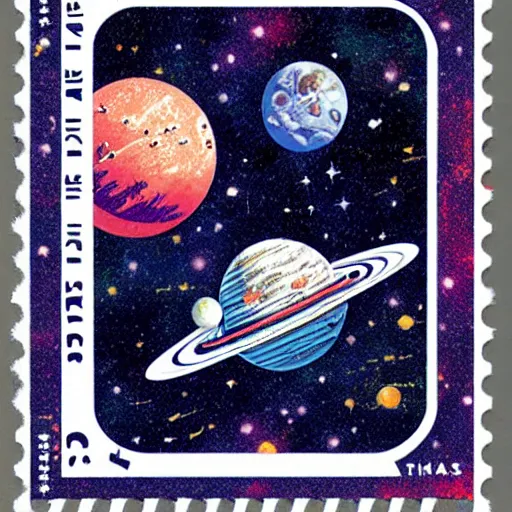 Prompt: Liminal space in outer space, postage stamp