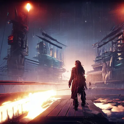 Image similar to i am a pirate in cyberpunk when visiting frostpunk