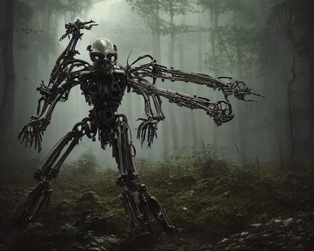 Image similar to photo of general grievous with heavy duty biomechanical hydraulic cybernetic body and 4 arms holding lightsabers in the forest. cyberpunk horror style. highly detailed 8 k. intricate. nikon d 8 5 0 5 5 mm. award winning photography. art by hr giger and zdzislaw beksinski in the style of hzd