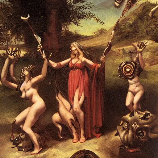 Image similar to witch circe sticks the pigs, the odyssey, art by petrus christus