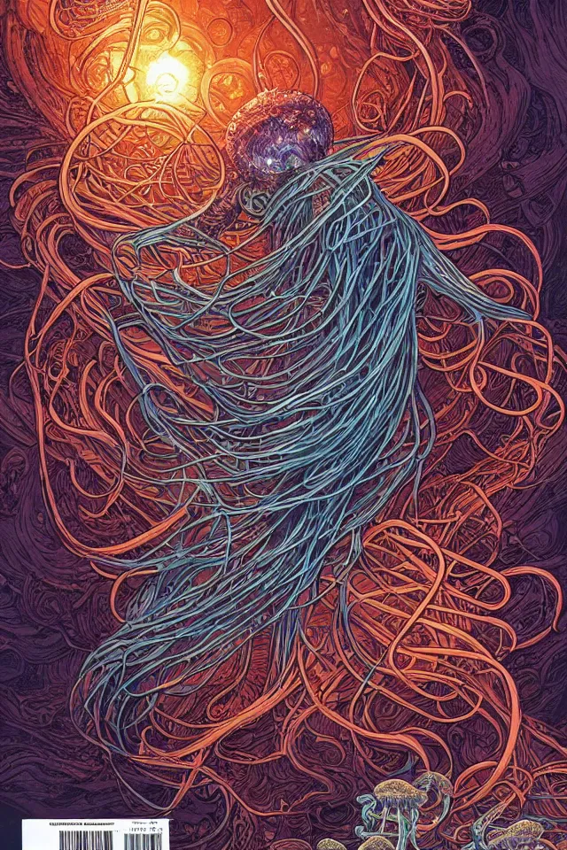 Prompt: a beautiful ultradetailed comic cover art of gigantic glowing layered intricate jellyfish creatures with long flowing tendrils, by Laurie Greasley and Peter Mohrbacher and Quentine Mabilles and Dan Mumford, tarot card art, detailed shading, micro details, dramatic lighting, volumetric lighting, 8k