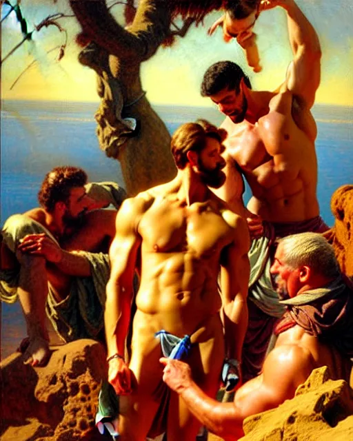 Image similar to muscular zeus watches closely as a handsome, attractive male doctor performs surgery on a patient, bright colors, painting by gaston bussiere, craig mullins, j. c. leyendecker