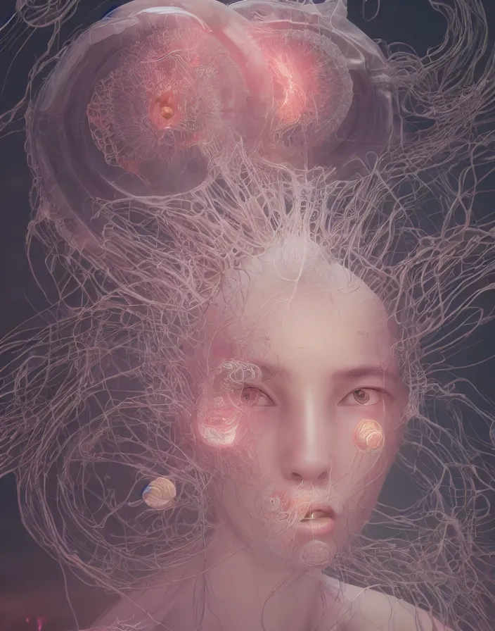 Image similar to goddess portrait. jellyfish phoenix head. intricate artwork by Tooth Wu and wlop and beeple. octane render, trending on artstation, greg rutkowski very coherent symmetrical artwork. cinematic, hyper realism, high detail, octane render, 8k