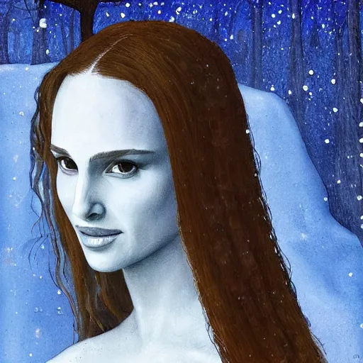 Image similar to natalie portman with indigo hair planting seeds in a winter wonderland, painting by leonardo da vinci