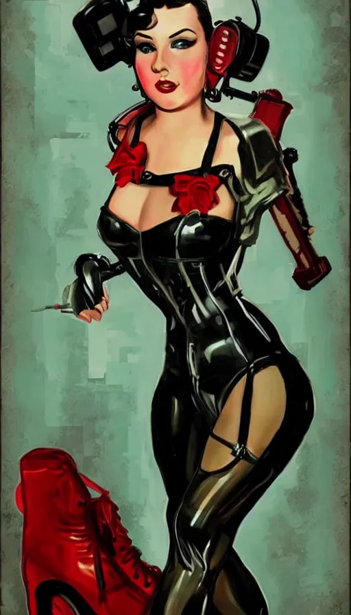 Image similar to full body cyberpunk beautiful woman in the style of a 1 9 4 0 s oil painted pin - up
