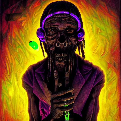 Image similar to a death tarot featuring a haitian voodoo priest with menacing eyes, blacklight neon colors, by anton semenov and android jones in cyberpunk voodoo style, oil on canvas, 8k