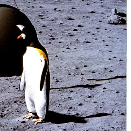 Prompt: penguin wearing spacesuit helmet, standing next to the Apollo lunar lander module, on the lunar surface. TV footage