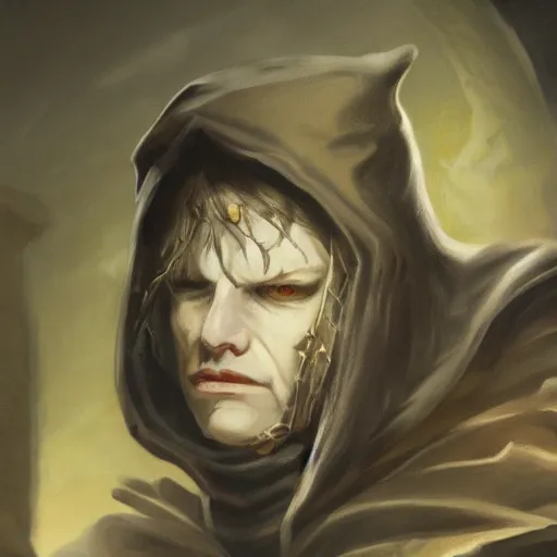 Prompt: portrait of small pale cowardly man wearing dark cloak, rogue, fear, fantasy artwork, dnd, looking sideways, high fantasy