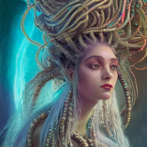 Image similar to birth of mami wata, sumerian goddess inanna ishtar, ashteroth, techno mystic goddess princess intergalactica, with aqua neon rapunzel dreadlocks, mami wata, detailed, by gaston bussiere, bayard wu, greg rutkowski, giger, maxim verehin, greg rutkowski, masterpiece, sharp focus,