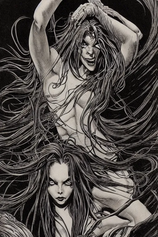 Prompt: dark evil mermaid with long flowing hair, by bernie wrightson