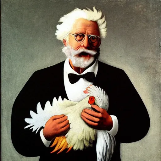 Image similar to Colonel Sanders holding a chicken. Painted by Caravaggio, high detail