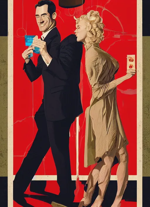 Image similar to poster artwork by Michael Whelan and Tomer Hanuka, Karol Bak of Naomi Watts & Jon Hamm husband & wife portrait, in the pose of 'Laughing Couple with a Money Purse' painting, from scene from Twin Peaks, clean, simple illustration, nostalgic, domestic, full of details