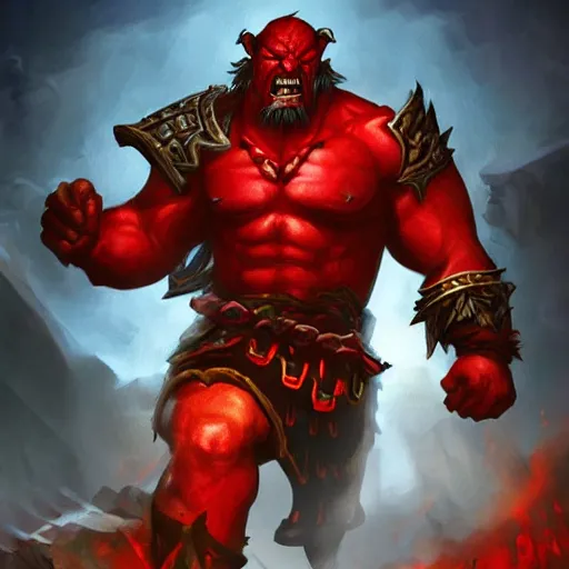 Image similar to red orc warrior, red theme lighting, battlefield background, in hearthstone art style, epic fantasy style art, fantasy epic digital art, epic fantasy card game art