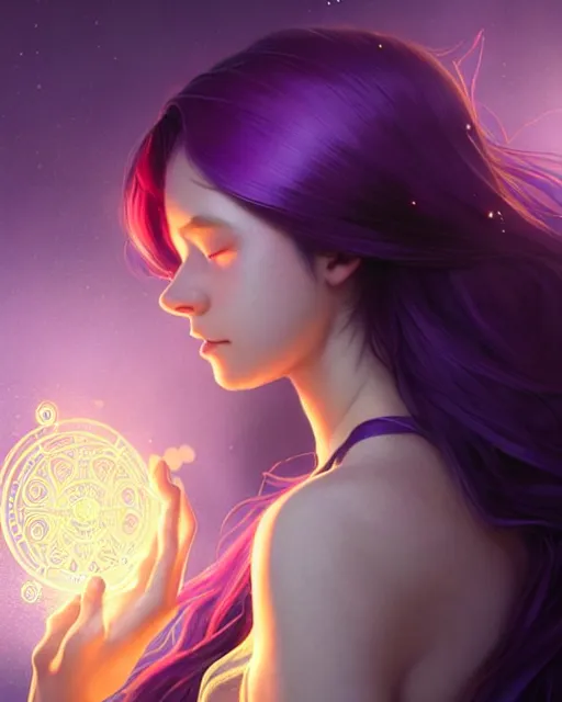 Prompt: side portrait of a university female, casting magic spell, particles, magic school, purple hair, short hair style, book library studying, intricate, sharp focus, heavy lens flare, bloom, rim light, illustration, highly detailed, digital painting, concept art, matte, art by wlop and artgerm and greg rutkowski and alphonse mucha, masterpiece