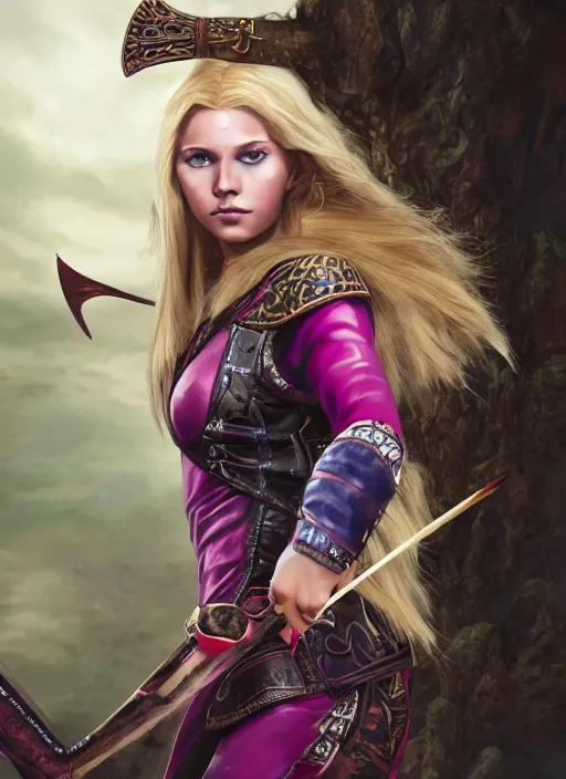 Image similar to An epic fantasy comic book style portrait painting of a young girl with long blonde hair and blue eyes. Wearing brown and magenta leather tribal combat clothes. She is holding hunting bow. Unreal 5, DAZ, hyperrealistic, octane render, cosplay, RPG portrait, dynamic lighting