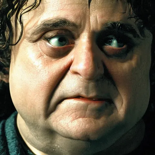 Image similar to the lord of the ring stills face closeup Frodo Baggins played by Danny DeVito directed by peter jackson