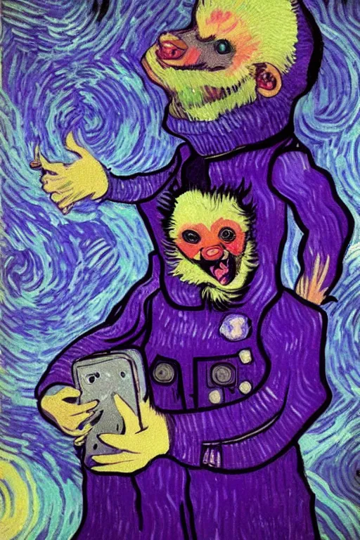 Image similar to selfie laughing purple space racoon by van Gogh style