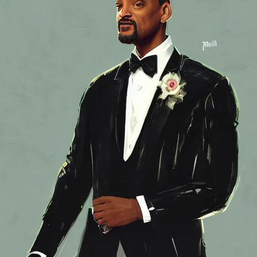 Image similar to will smith wearing a tuxedo, portrait, highly detailed, digital painting, artstation, concept art, sharp focus, illustration, art by artgerm and greg rutkowski and alphonse mucha