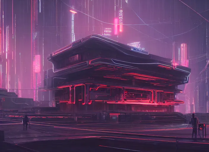 Prompt: exterior of scifi temple, machines, architecture, cult of artificial intelligence, ultra realistic, gaming computers, highly detailed, atmosphere, masterpiece, concept art, glowing wires, transparent objects, cyberpunk, highlighted, 4 k, cinematic, art by patryk olkiewicz and chris ostrowski and liang yao