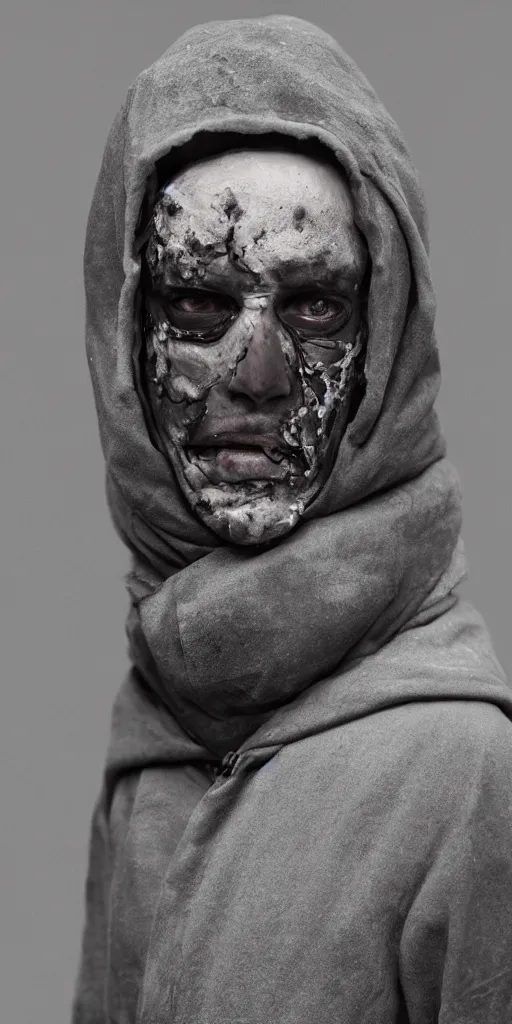 Image similar to a man with a burnt face in a grey cloak poses for a portrait, a character portrait by david firth, cgsociety contest winner, photorealism, studio portrait, studio photography, uhd image