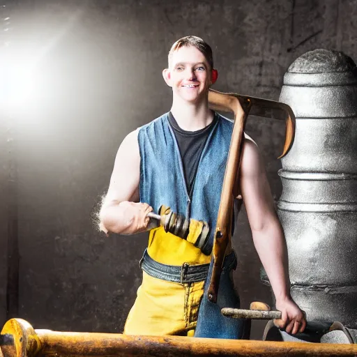 Prompt: full shot photo of a blacksmith kid, holding big hammer, natural light, yellow backlight, high quality photo studio