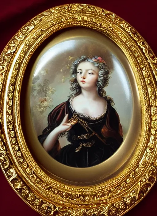 Prompt: beautiful baroque oval portrait picture frame, royal, gilded with gold, magical, fantasy, metallic, fantasy, illustration