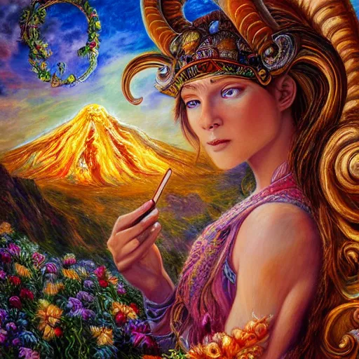 Prompt: painting by senior concept artist josephine wall, goddess with horns of a ram checking her cell phone, erupting volcano in distance, sunset, flowers in foreground, zodiac, fantasy, acrylic on canvas, intricately detailed, highly detailed, high resolution, hdr, 8 k, by senior concept artist, trending on artstation