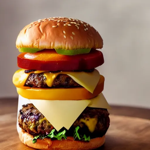 Image similar to bacon cheese burger, very tall, stacked, award winning food photography, golden hour, holy