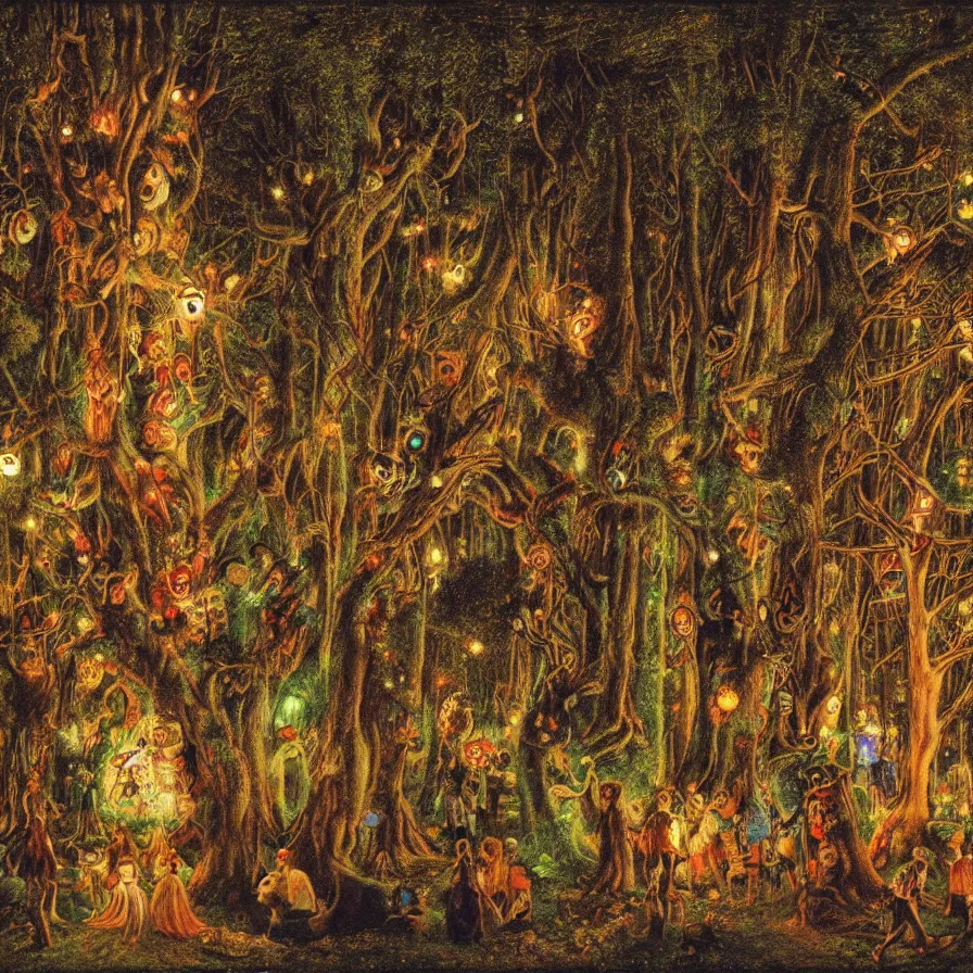 Prompt: a night carnival around a magical tree cavity, with a surreal orange moonlight and fireworks in the background, next to a lake with iridiscent water, christmas lights, folklore animals and people disguised as fantastic creatures in a magical forest by summer night, masterpiece painted by ford madox brown, dark night environment