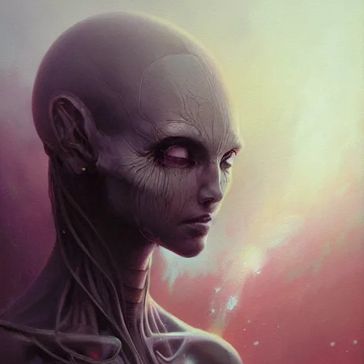 Image similar to an acrylic on canvas portrait painting of a beautiful alien priestess by Greg Rutkowski, Artgerm and Beksinski. Epic fantasy art.