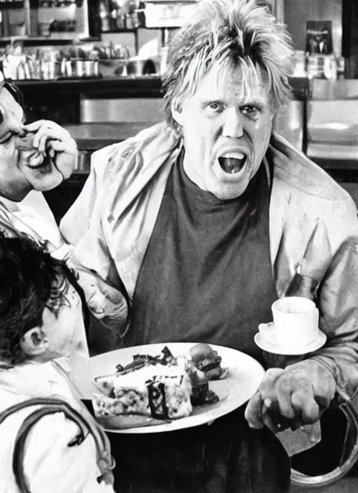 Prompt: gary busey is presented with the worst kind of food in a cafe and vows to eat the chef, by rick berry and norman rockwell