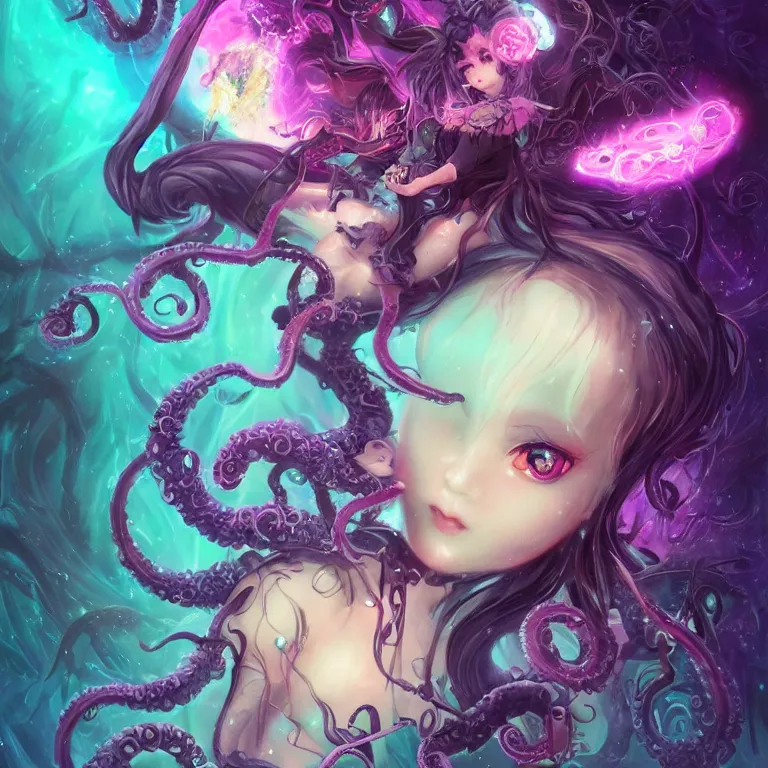 Prompt: A dark fairy from the Abyss. Lit from above. Thick Atmosphere. Sailor Moon. Tentacles. Cute. Kawaii. Chibi. Neon Accents. Bioluminescence. By Lisa Frank and HR Giger. Key Art. Fantasy Illustration. award winning, Artstation, intricate details, realistic, Hyperdetailed, 8k resolution.