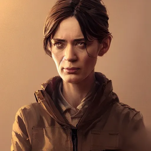 Prompt: portrait of a woman by greg rutkowski, emily blunt as an engineer, she is about 4 0 years old, wearing a utilitarian jumpsuit, highly detailed portrait, digital painting, artstation, concept art, smooth, sharp foccus ilustration, artstation hq