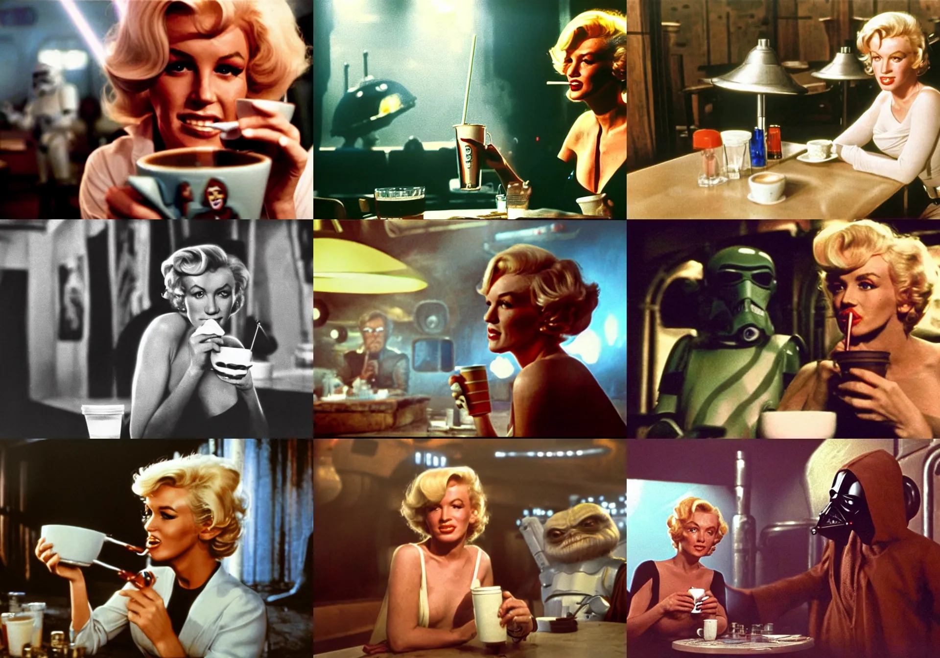 Image similar to A long-shot, color cinema film still of a Marlin Monroe drinking coffee in the Mos Eisley's Tavern, Two aliens around, misty, studio lighting; from Star Wars(1977)