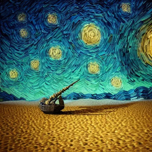 Prompt: 3 d render, skeleton, ship, walking, desert, in the style of van gogh starry night.