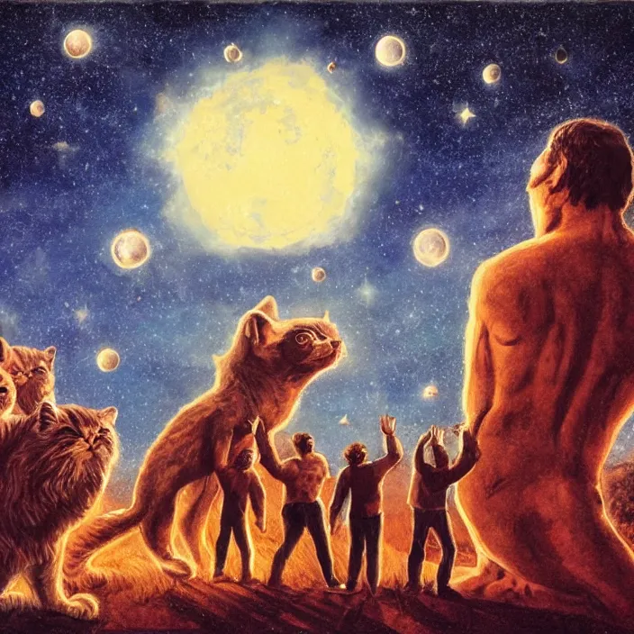 Image similar to cinematic humans praying to a giant cat god while there is a meteor shower that threatens to extinguish the world,, hd, hdr, 4 k, 8 k, art by basil gogos