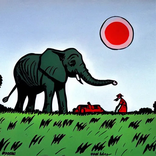 Prompt: an elephant on a green meadow art by Darwyn Cooke