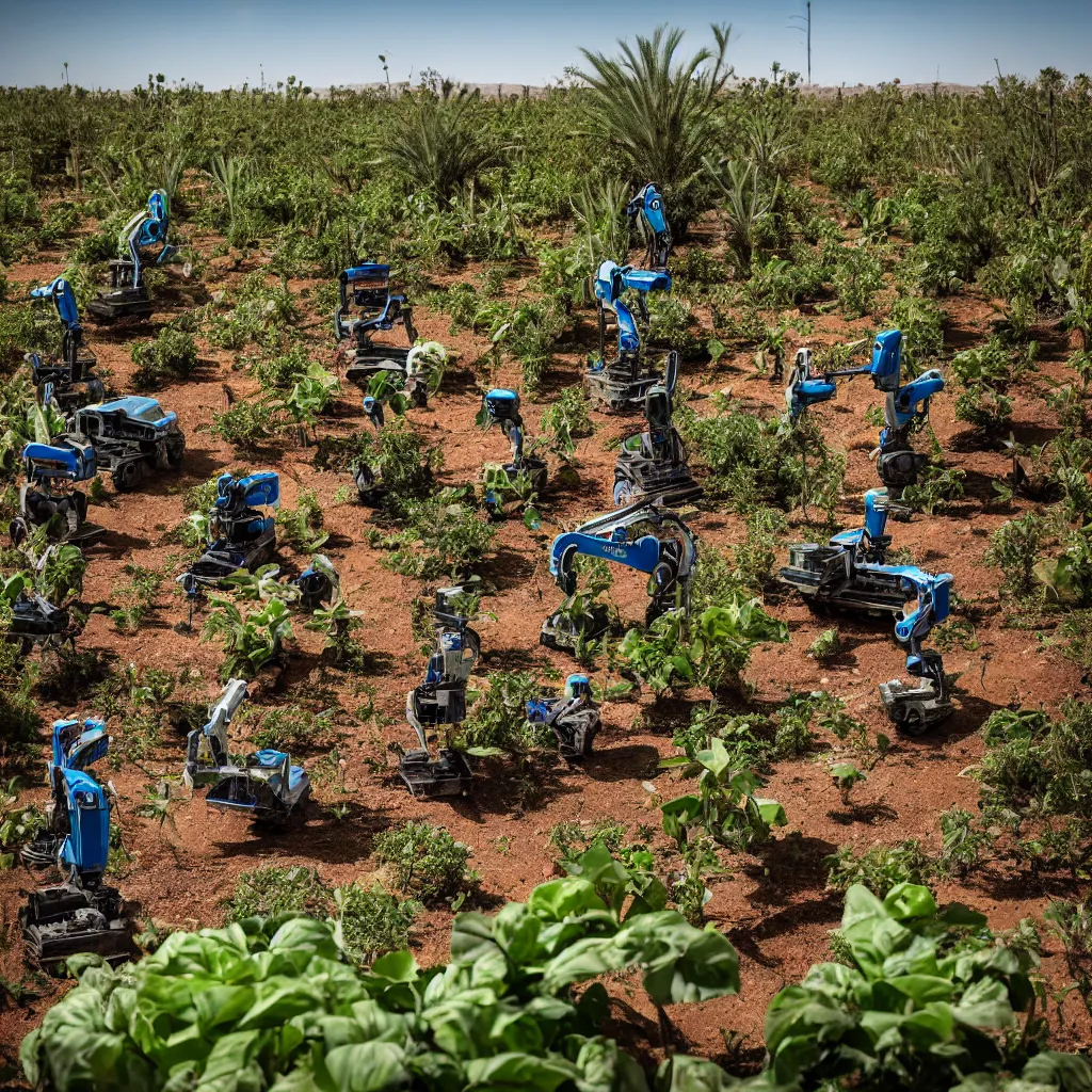 Image similar to robots harvesting a permaculture jungle in the desert, XF IQ4, 150MP, 50mm, F1.4, ISO 200, 1/160s, natural light