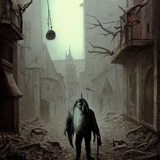 Image similar to plague doctor walking through a town ravaged by plague, dark, creepy, death, disease, hyperdetailed, concept art in a style of zdzislaw beksinski