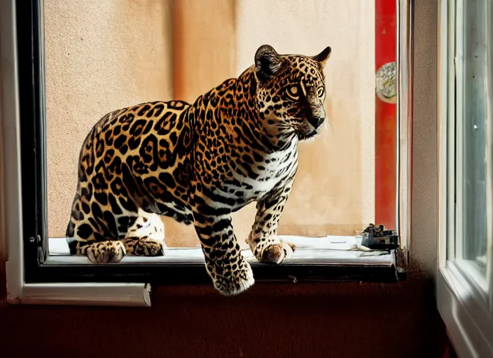 Image similar to photography of a Jaguar Cat . watching outside the window. on a bed. in a 70's room full of vinyls and posters, photorealistic, award winning photo, 100mm, sharp, high res