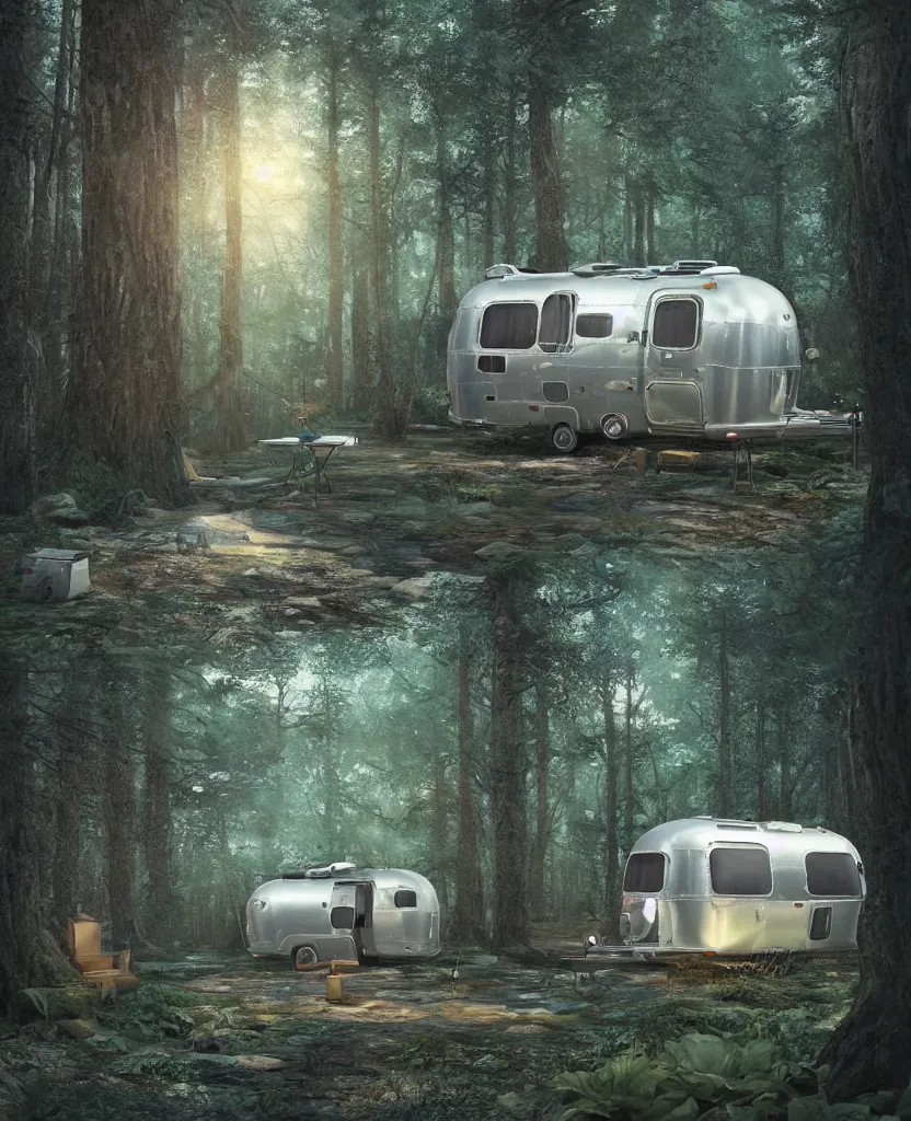 Image similar to image of a sylish vintage airstream camper in magical forest, photorealistic, digital painting, artstation, intricate artwork by Tooth Wu and wlop and beeple. octane render, trending on artstation, greg rutkowski very coherent symmetrical artwork. cinematic, hyper realism, high detail, octane render, 8k