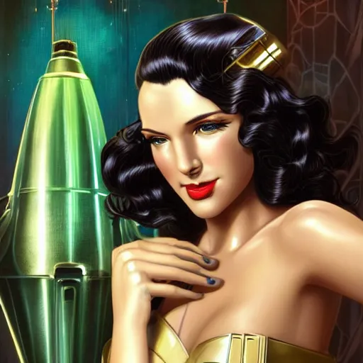 Prompt: beautiful woman with long wavy curly black hair and green eyes, wearing a cocktail dress, talking to the viewer. she is in the bar of the atlantis paradise, a retro futuristic spaceship made of brass bronze gold, art deco influence, hotel style design. bioshock, starship titanic. clean, well composed painting by artgerm and greg rutkowski.