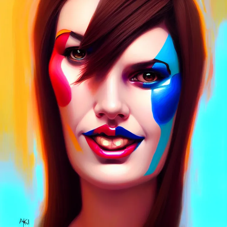 Image similar to android robot woman face painting, looking straight to camera, moderate colors, ornate, digital art, cute smile, winning artwork, digital painting, professional art, elegant, by Ilya Kuvshinov, by artgerm