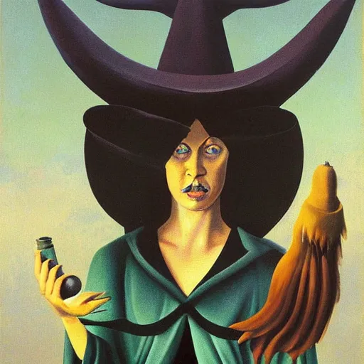 Image similar to a witch with baphomet, by Raphael Hopper, and Rene Magritte. Highly detailed, Occult, funny, humorous, funny, satire, fire, water, earth, air, magical, trending on artstationHQ