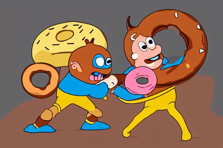 Image similar to a cartoon donut fighting a cartoon pretzel with swords. fight scene, dramatic