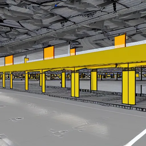 Image similar to warehouse distribution center, concept art, futuristic, automation, cranes, belts