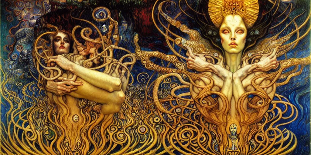 Image similar to Divine Chaos Engine by Karol Bak, Jean Delville, William Blake, Gustav Klimt, and Vincent Van Gogh, symbolist, visionary